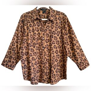LAUREN RALPH LAUREN 100% Linen Animal Print Preppy Casual Button Down Blouse XL